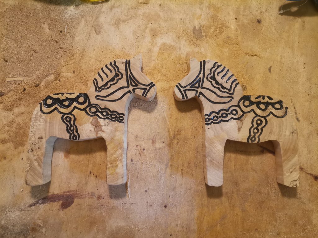 Two Swedish Dala Horses, Wooden Dala Horses, hand-carved wooden Dala horse,