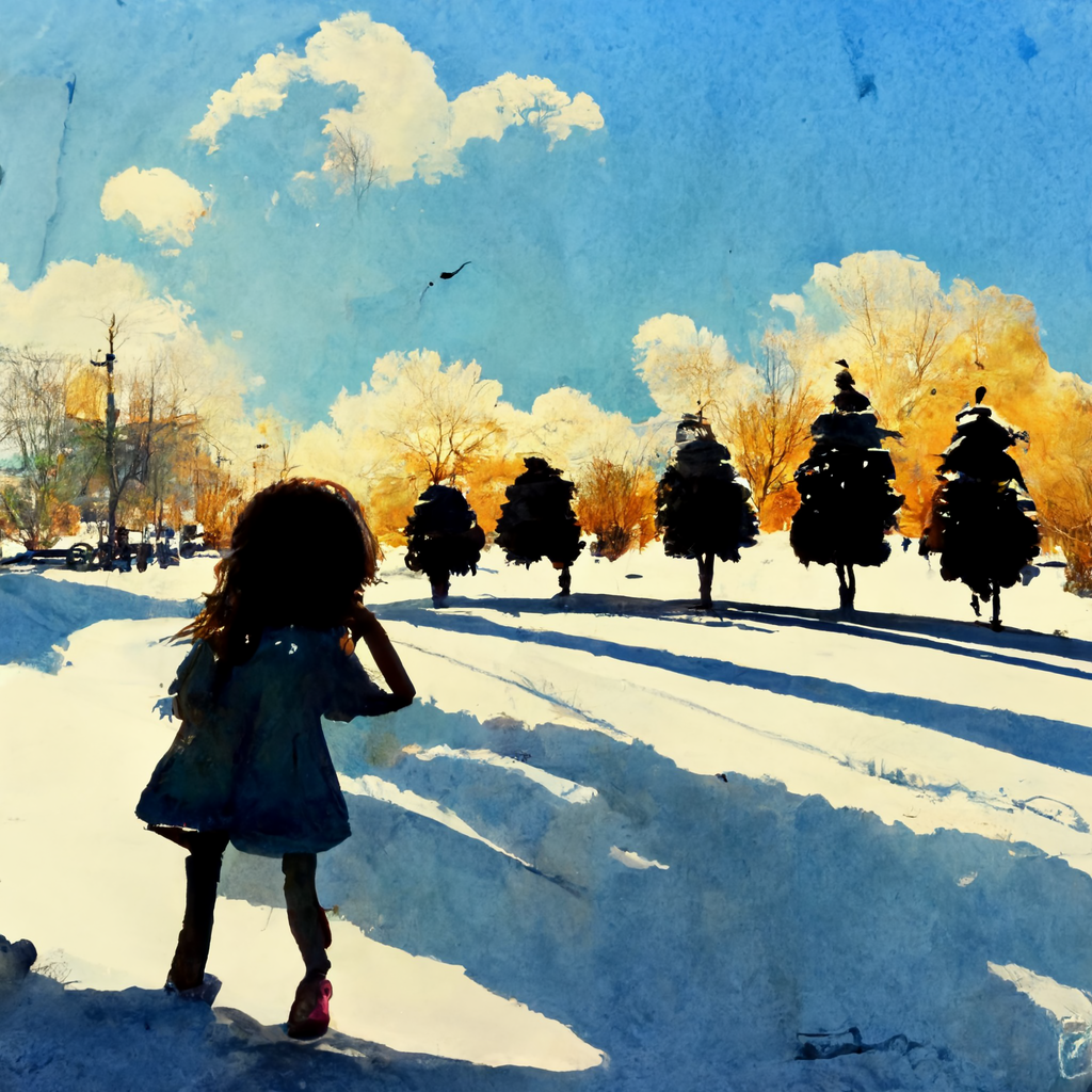 cartoon_girl_playing_in_snow_sunny_blackbirds_trees