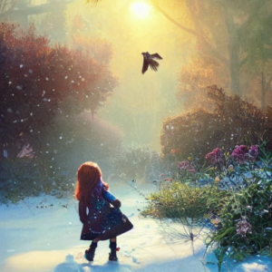 small girl, snow, blackbirds1